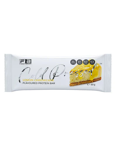 Fibre Boost Protein Bar in Lemon Cheesecake flavor, cold-pressed with visible lemon zest and textured nut pieces on the packaging