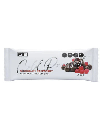 Fibre Boost Protein Bar with chocolate and raspberry flavor, showing a cold-pressed fibre protein bar on a white plate.