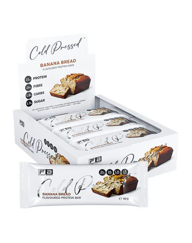 Fibre Boost Protein Bar in Banana Bread flavor, 60g, showing the cold-pressed bar with banana bread ingredients.