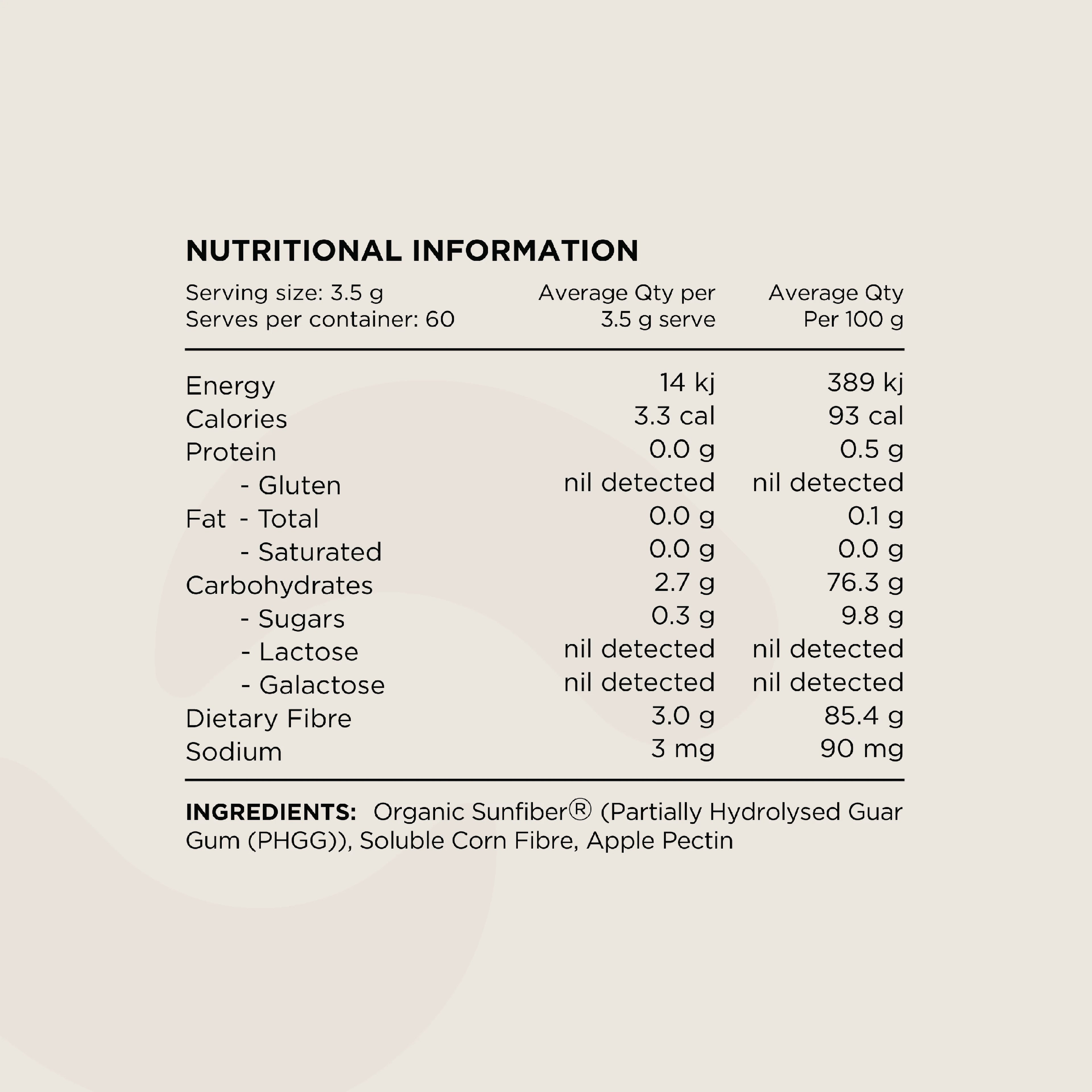 Switch Nutrition Fibre+ supplement in a clear container, showing the fiber powder with a scoop and measuring cup on a white background.
