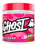 GHOST Legend V4 supplement tub with Bubbalicious flavor, 30 servings, featuring the product label and colorful packaging.