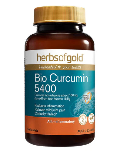 HERBS OF GOLD Bio Curcumin 5400 supplement in a bottle of 30 tablets, featuring golden-colored tablets on a white background.