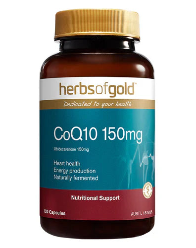 Herbs of Gold CoQ10 150mg supplement bottles with 120 capsules, showcasing the product label and capsules inside the bottle.