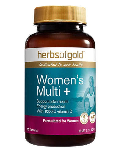 HERBS OF GOLD Women's Multi+ supplement bottle showing 30 tablets, designed for women's overall health and daily wellness.