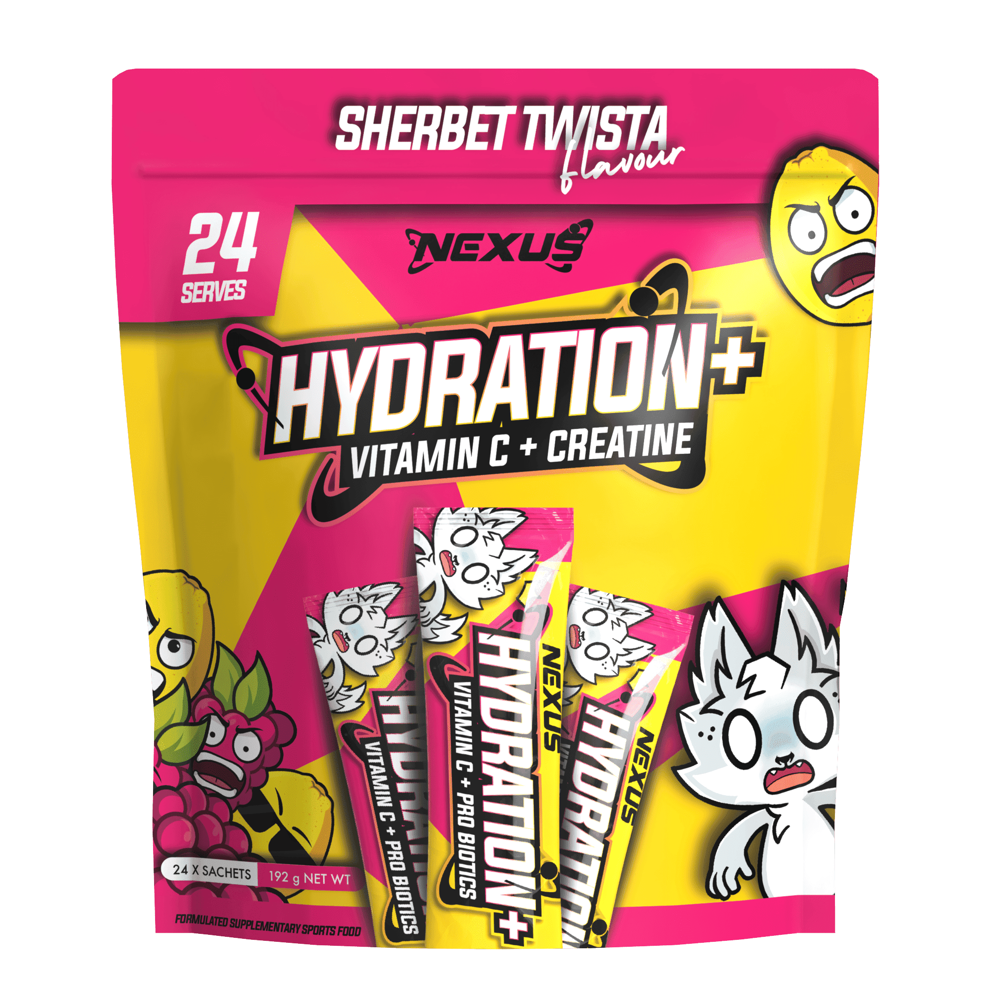 Nexus Nutrition Hydration+ supplement bottle with label, emphasizing hydration and electrolyte replenishment, on a neutral background.