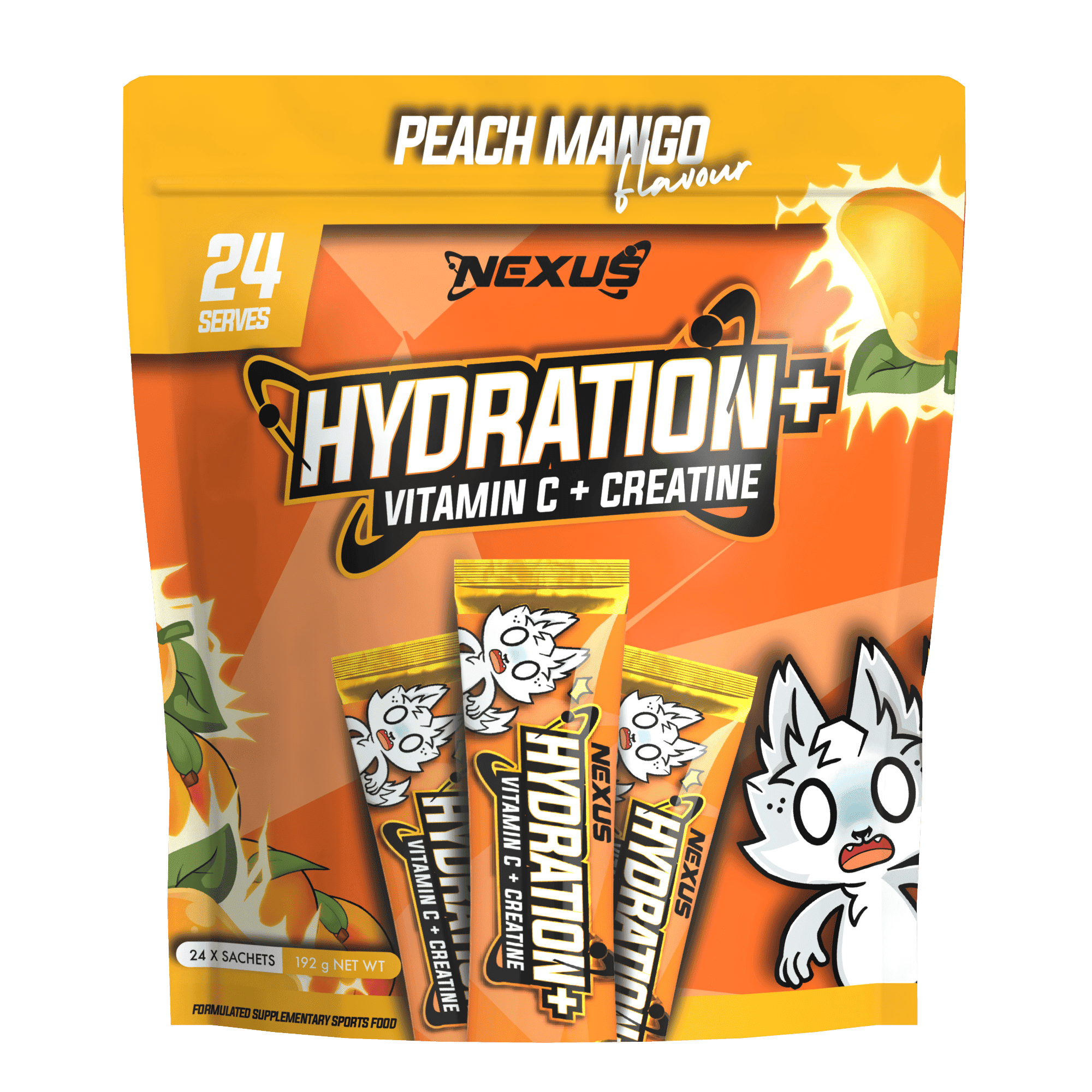 Nexus Nutrition Hydration+ electrolyte supplement powder in a container, with a scoop and colorful packaging visible.
