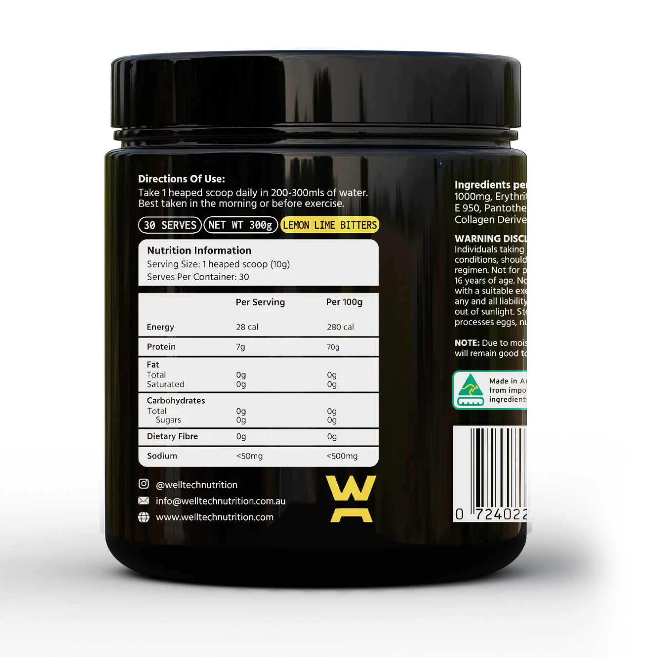 Welltech Nutrition GH Pept with Pentapeptide-4 - Nutrition Panel Lemon Lime Bitters 300g 30 Serves