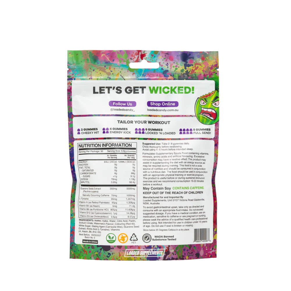 Loaded Candy Pre-Workout Gummies - Nutrition Panel