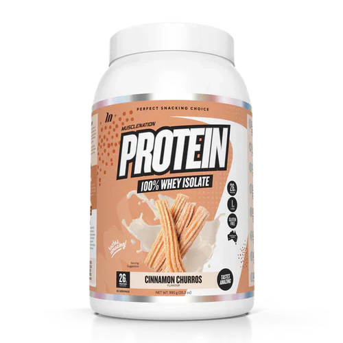 Muscle Nation Protein powder container with black label and white text, showing the Muscle Nation logo and product details.