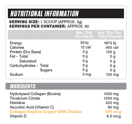 Welltech Nutrition GHK-Cu Powder Unflavoured - Nutritional Information Panel