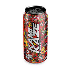KAMIKAZE Energy drink can featuring bold graphics and the KAMIKAZE brand logo on a sleek silver and black design.
