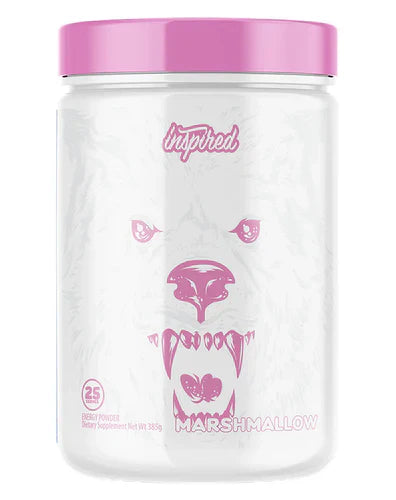 INSPIRED NUTRACEUTICALS INSPIRED DVST8 BBD supplement with marshmallow flavor, shown in a clear container with marshmallow pieces.