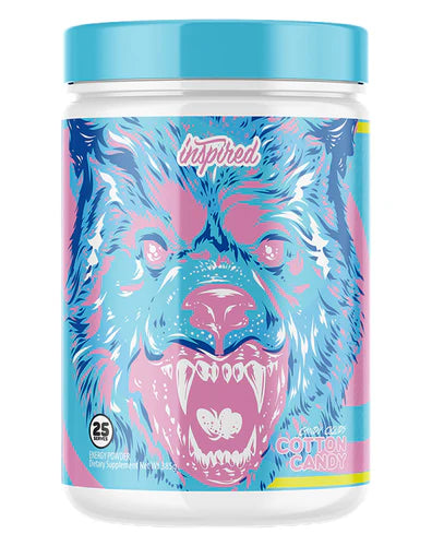 INSPIRED NUTRACEUTICALS DVST8 BBD supplement in cotton candy flavor, showing a container with colorful powder and scoop.