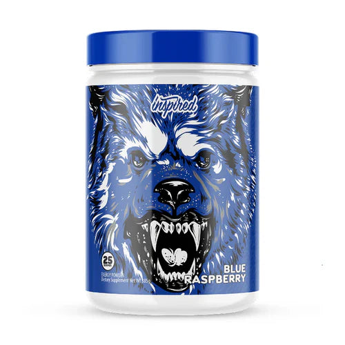 INSPIRED DVST8 BBD supplement container featuring Blue Raspberry flavor from INSPIRED NUTRACEUTICALS, with vibrant blue raspberry imagery.
