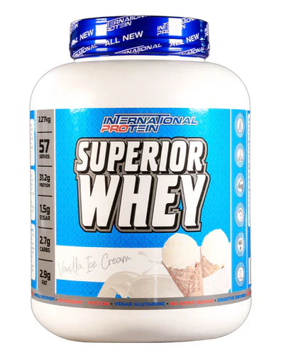 International Protein Superior Whey vanilla flavor in transparent container, showcasing the product packaging.