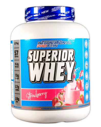 International Protein Superior Whey in strawberry flavor, showing the protein powder container with a clear label and vibrant packaging.