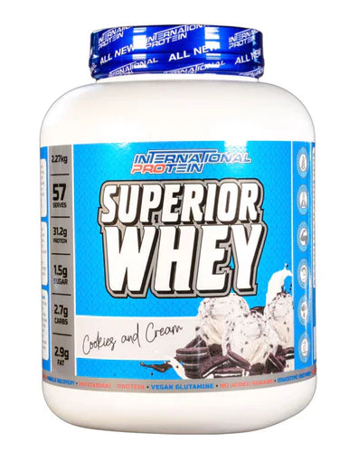 International Protein Superior Whey protein powder in Cookies & Cream flavor, 2.27kg container with transparent label.