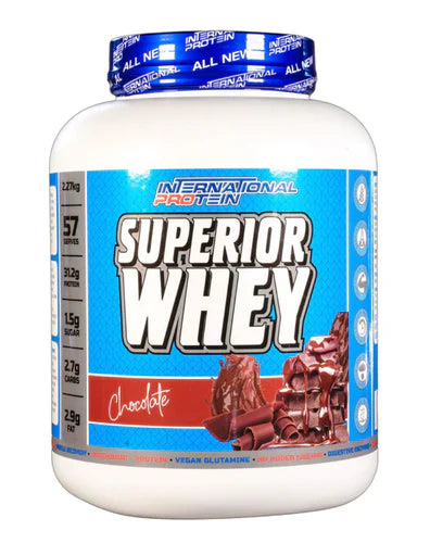 International Protein Superior Whey in chocolate flavor, 2.27kg container, showcasing the product packaging.