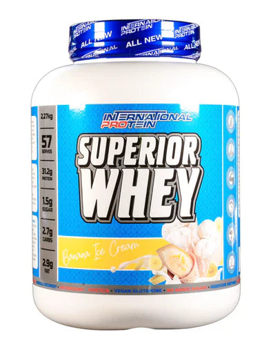 International Protein Superior Whey with Banana Ice Cream flavor in a 2.27kg transparent container, showcasing the product label.