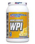 International Protein Amino Charged WPI protein powder in banana ice cream flavor, showing the 1250g bag with banana-flavored supplement powder.