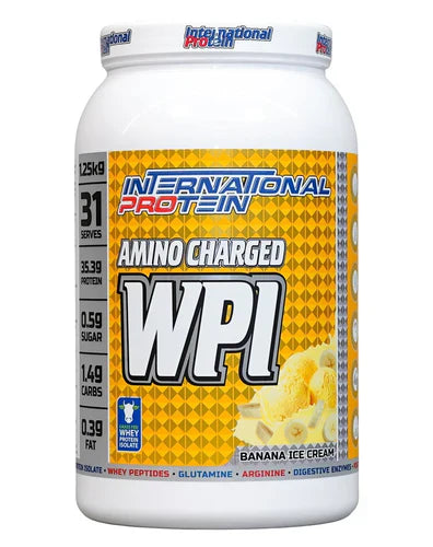 International Protein Amino Charged WPI protein powder in banana ice cream flavor, showing the 1250g bag with banana-flavored supplement powder.