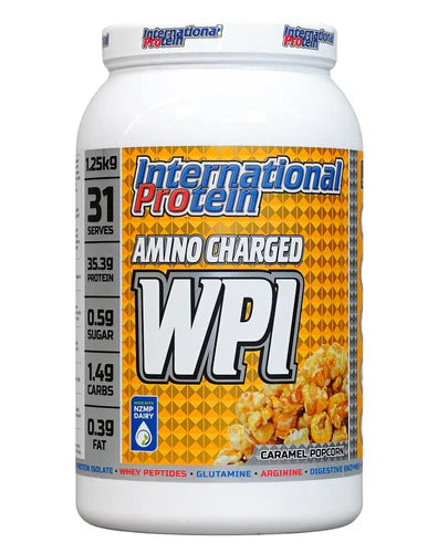 International Protein Amino Charged WPI in caramel popcorn flavor, 1250g, showcasing the protein powder container with flavor label.