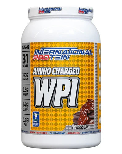 International Protein Amino Charged WPI chocolate flavor in 1250g container, showing the supplement powder and packaging.