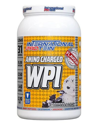International Protein Amino Charged WPI protein powder in cookies and cream flavor, 1250g, showcasing the product container with branding.