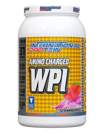 International Protein Amino Charged WPI protein powder in strawberry flavor, 1250g container with pink and white packaging.