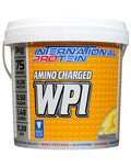 International Protein Amino Charged WPI protein powder in banana ice cream flavor, 3kg container, showing the product packaging.
