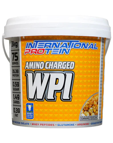 International Protein Amino Charged WPI 3kg protein powder with caramel popcorn flavor in a resealable bag