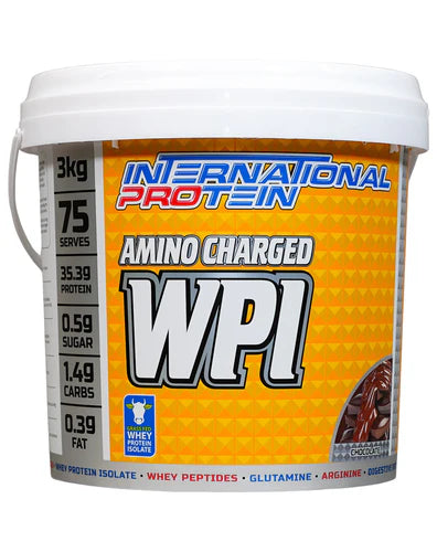 International Protein Amino Charged WPI chocolate protein powder 3kg jar with label featuring product details and branding