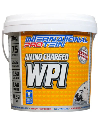 International Protein Amino Charged WPI protein powder in cookies and cream flavor, shown in a 3kg container.