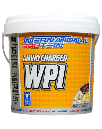 International Protein Amino Charged WPI 3kg multi-pack, high-quality protein powder with amino acids for muscle recovery.