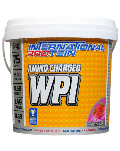International Protein Amino Charged WPI 3kg strawberry flavor supplement in a large container with a strawberry image on the label.