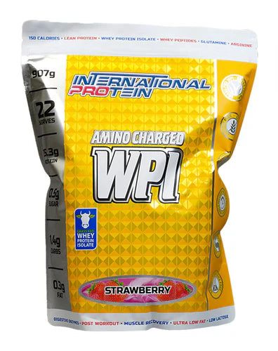 International Protein Amino Charged WPI strawberry flavor in 907g container, showing the supplement powder with strawberry flavor packaging.