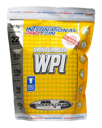 International Protein Amino Charged WPI cookies and cream protein powder in 907g container, showing the product packaging and branding.