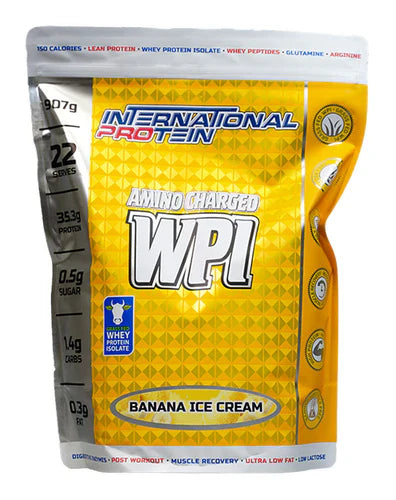 International Protein Amino Charged WPI banana ice cream flavored protein powder in 907g container with scoop and label.