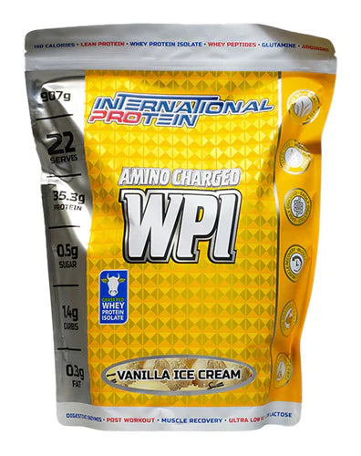 International Protein Amino Charged WPI vanilla ice cream flavor in 907g container, highlighting the protein supplement with vanilla color.