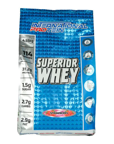 International Protein Superior Whey in strawberry flavor, 4.55kg container, showing the product packaging and label.