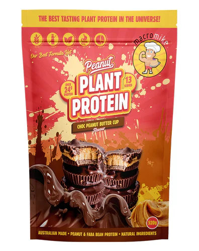 Macro Mike plant-based protein powder in chocolate peanut butter cup flavor, 520g jar with label and product details.