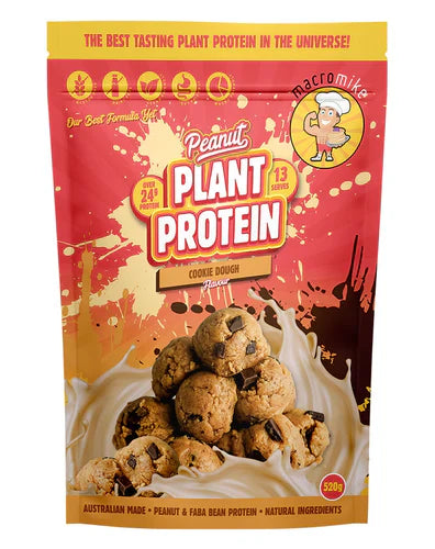 Macro Mike Plant-Based Protein in 520g Cookie Dough flavor, showing a container with scoop and protein powder.