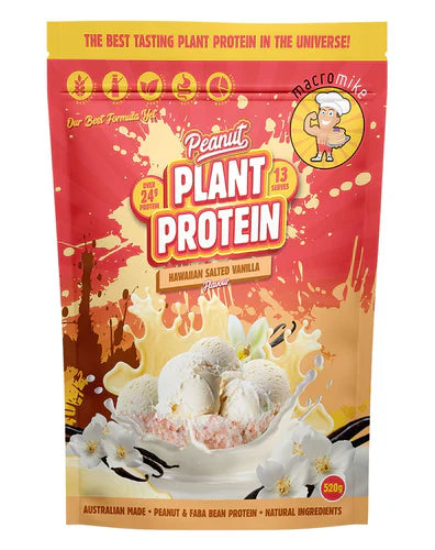 Macro Mike plant-based protein powder in a 520g container with Hawaiian salted vanilla flavor.