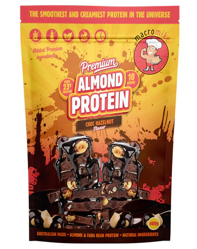 Macro Mike Almond Protein powder in 400g choc hazelnut flavor, featuring a jar with a label and scoop on a clean surface.