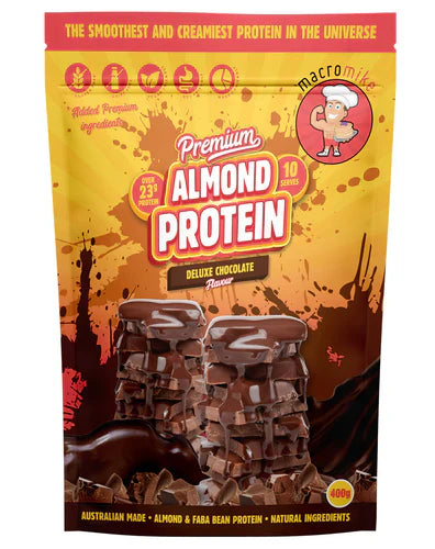MACRO MIKE Almond Protein in a 400g deluxe chocolate flavor container, showing the product label and packaging.