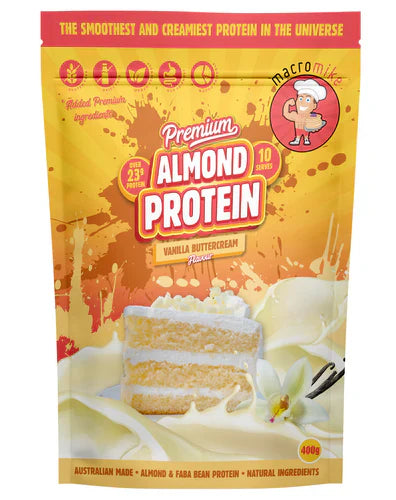 Macro Mike Almond Protein in a 400g vanilla buttercream flavor container, with a beige and brown label and product image.