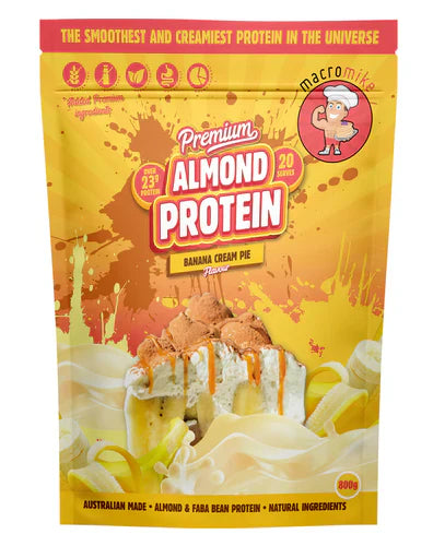 Macro Mike Almond Protein powder in 800g bag with Banana Cream Pie flavor, showing the product packaging and branding.