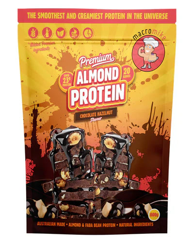 Macro Mike Almond Protein jar in chocolate hazelnut flavor, showing the product label and nutritional information.