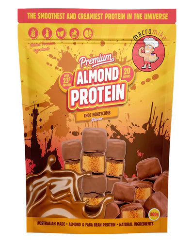 Macro Mike Almond Protein container with almond-flavored protein powder in a resealable bag, labeled Maco Mike Premium Almond Protein.