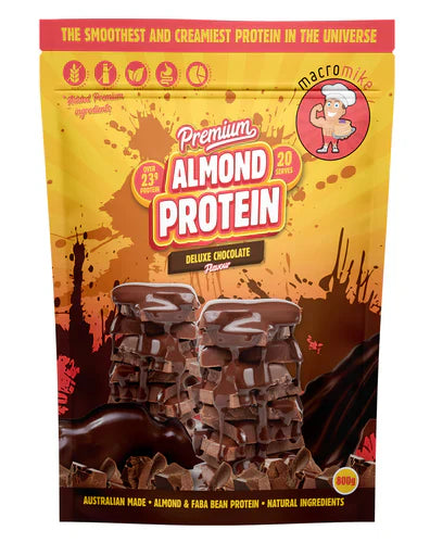 Macro Mike Almond Protein in a premium 800g container, featuring deluxe chocolate flavor, displayed with the product label visible.